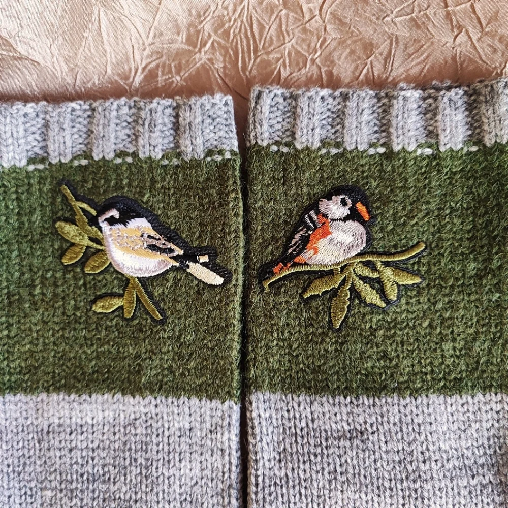Fingerless Warm Gloves Thumb Holes Olive Green Gray Embroidered Birds Mittens